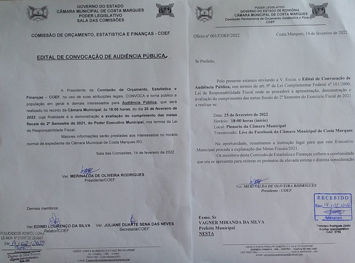 Edital de Convocação de Audiência Pública da Comissão COEF